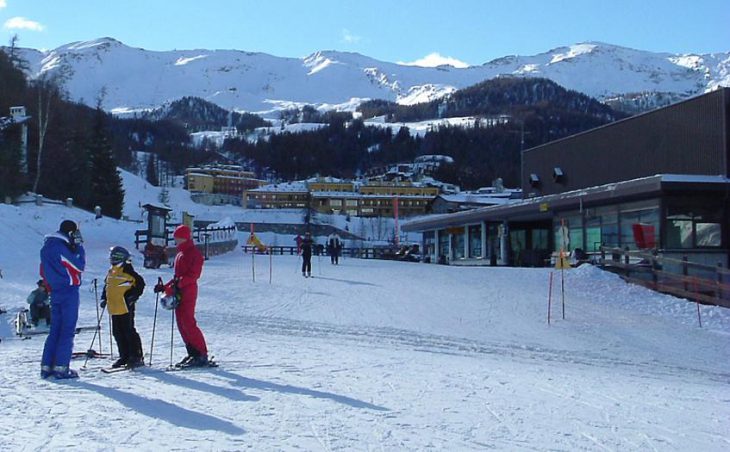 Skiers on the slopes of the ski resort Pila, in Italy.